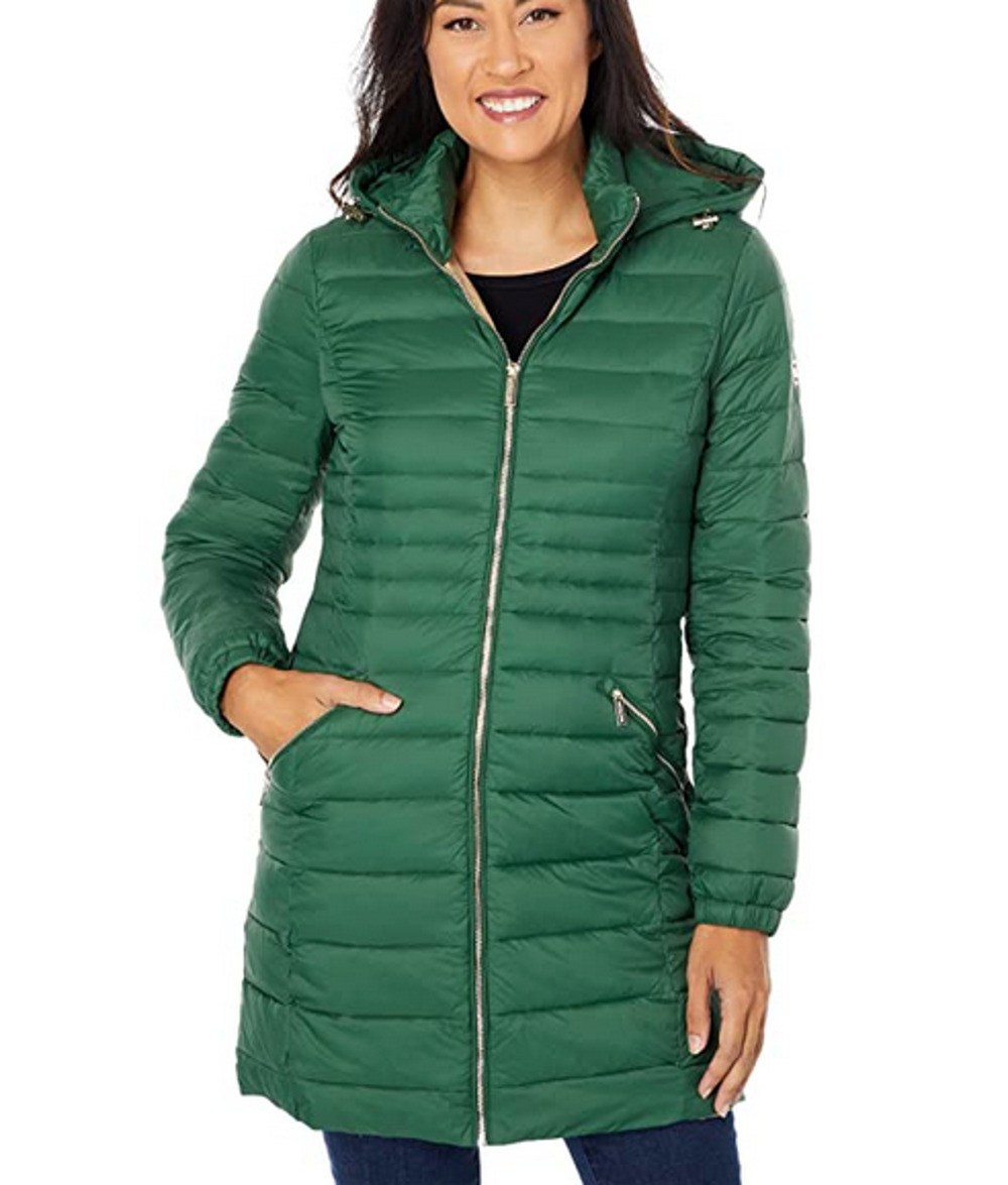 NWT MICHAEL KORS GREEN PUFFER NARROWED QUILT WAIST PACKABLE COAT JACKET SZ M